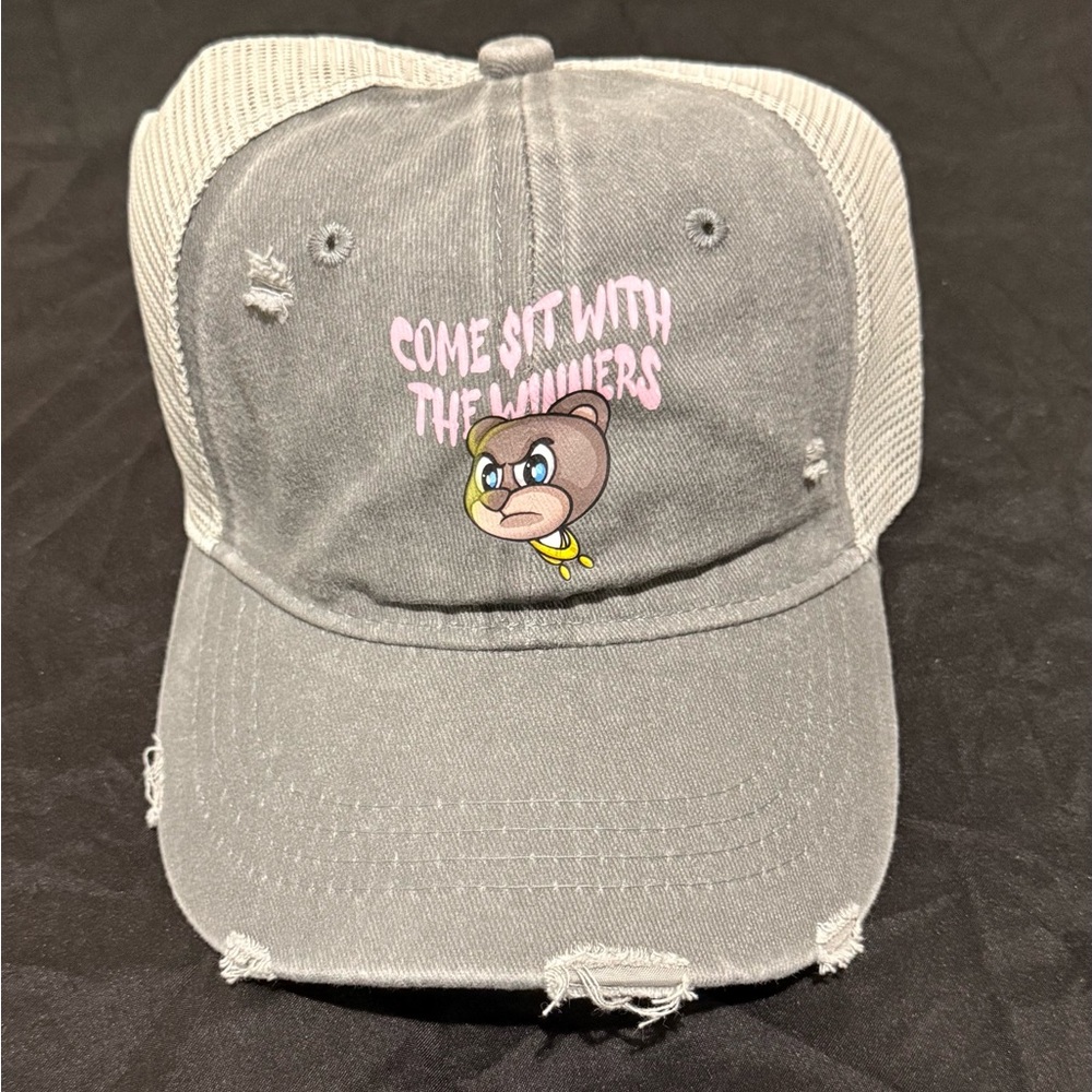 Gray Distressed Cap with a stylish bear with pink graphic logo Design.